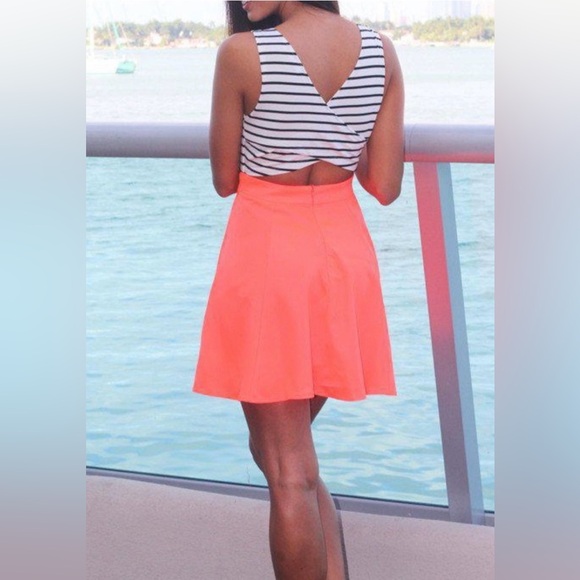 Windsor Party Summer Dress Vibrant Coral Skirt with Striped Top Sz L - Picture 4 of 6